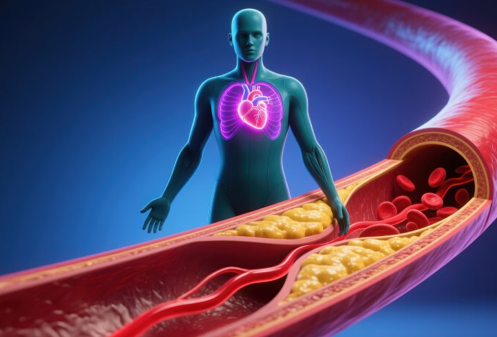 A glowing heart with artery cross section in foreground showing blood flow and plaque buildup, high cholesterol, hyperlipidemia, hypercholesterolemia